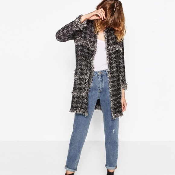 NWT RARE Luxury Classic Minimalist Zara Houndstooth Tweed Fringe Coat/Jacket - Picture 8 of 17